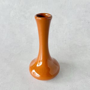 May include: A glossy, orange-brown ceramic vase with a bulbous base and a slender, elongated neck. The vase has a smooth, reflective surface and a small opening at the top. This decorative vase is suitable for displaying flowers or as a standalone accent piece.