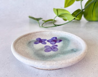 Vintage Hand-Painted Stoneware Violet Trinket Dish, Signed Studio Pottery | Ring Catchall Bowl