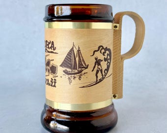 Vintage 1960s Hawaiian Souvenir Mug, Amber Glass Wood Sleeve | Hula Dancer Stein