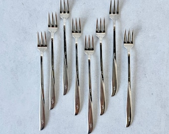 Oneida Twin Star Cocktail Forks, Vintage Atomic Starburst Stainless Set of 8 | Mid-Century Bar Cart