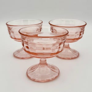 Set of 3 Pink Block Optic Sherbet Dishes | Vintage Anchor Hocking Depression Glass Dessert Bowls