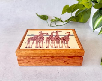 Vintage 1991 W. Morgan Giraffe Tile Trinket Box, Oak Wood Jewelry Storage | Crane Creek Graphics Safari Decor