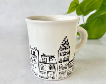 Vintage Ceramic Mug, Black Ink Townhouse Illustration | Hand-Drawn Cityscape Coffee Cup