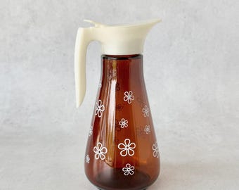 Vintage Thatcher Glass Syrup Pitcher, Amber with Floral Decal | 1960s Retro Kitchen