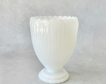 Vintage Napco Milk Glass Pedestal Vase, Ribbed Scalloped Rim | 1960s MCM Collectible