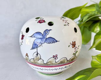 Vintage Portuguese Ceramic Flower Frog, Hand-Painted Bird & Floral Motif | Nan Freitas Imports