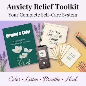 Kit para aliviar la ansiedad: libro para colorear de 80 páginas, cuaderno de ejercicios de 30 días, tarjetas de afirmaciones y descarga digital, además de 2 artículos adicionales | Paquete de autocuidado