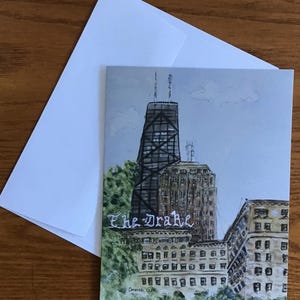 Chicago aquarel notitiekaart, Drake Hotel & John Hancock Building