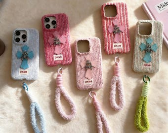 Cross Stripe Plush Phone Case, Anti-Scratch Shockproof Cover for iPhone, Daily Use for Housewives, Office Workers & Students