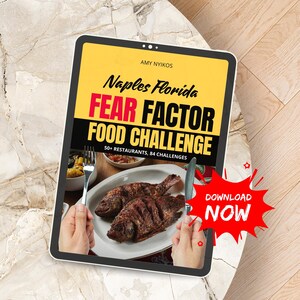 Puede incluir: Una pantalla de tableta que muestra un gráfico amarillo y negro con el texto "Naples Florida FEAR FACTOR FOOD CHALLENGE 50+ RESTAURANTS, 84 CHALLENGES". Un estallido rojo con el texto "DOWNLOAD NOW" está en la esquina inferior derecha de la pantalla. La pantalla muestra una foto de dos pescados fritos en un plato blanco.