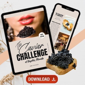 Puede incluir: Una portada de libro con el título "The Caviar Challenge of Naples, Florida" de Amy Nyikos. La portada presenta un primer plano de los labios de una mujer con una cuchara llena de caviar negro. El libro es la edición 2025.