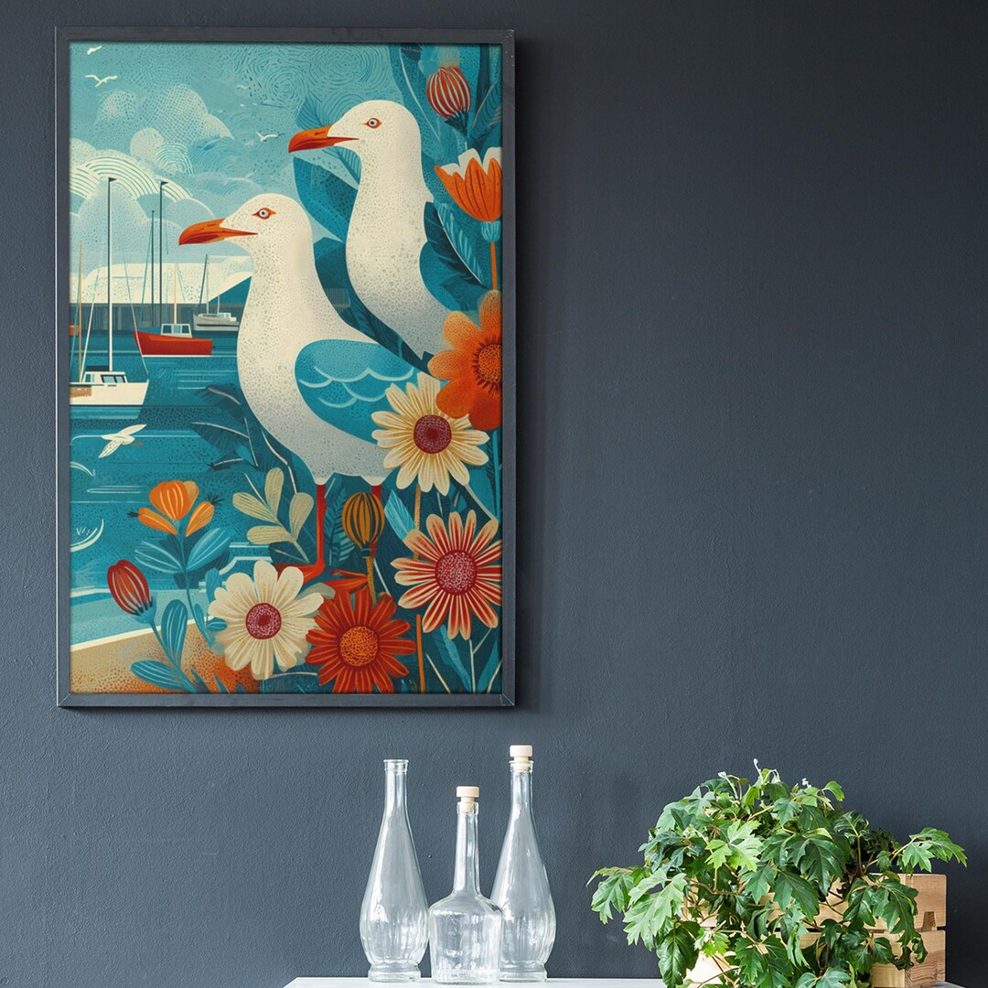 Coastal Seagull Art Print Poster, Nautical Room Decor, Beach House Wall ...