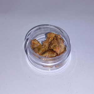 May include: A small, clear plastic container holding several pieces of amber-coloured, irregularly shaped material. The container is transparent, allowing a clear view of the contents. The background is a plain white surface.