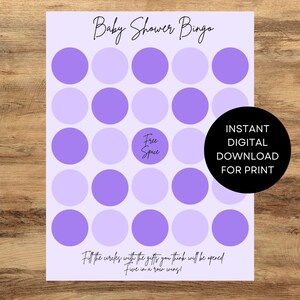 Purple Baby Shower Bingo Cards, Digital Download