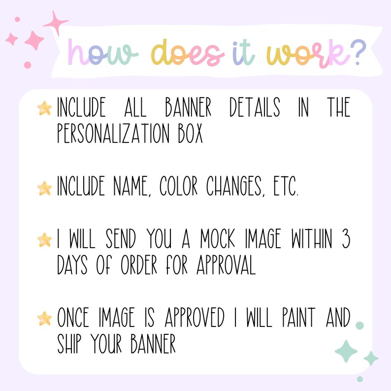 May include: A light purple graphic with the text "how does it work?" in colorful letters. The text explains the process: include banner details, name and color changes, a mock image will be sent for approval, and the banner will be painted and shipped.