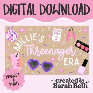 May include: A digital download graphic featuring the text "MILLIE'S Threenager ERA" in white and light purple. Illustrations include a disco ball, a speed limit 3 sign, a pink smartphone, heart-shaped sunglasses, mascara, blush, and nail polish.