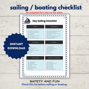 Könnte beinhalten: Eine druckbare Checkliste für das Segeln am Tag mit Kategorien für Sicherheit, Verpflegung, Navigation, Kleidung, auf dem Wasser und Aufräumen am Steg. Die Checkliste hat ein blaues und weißes Farbschema mit einer Segelbootgrafik oben.