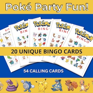 Juego de bingo imprimible Poke Party: 20 tarjetas únicas con tarjetas de llamada y fichas imprimibles. Diversión para fiestas de cumpleaños, fiestas infantiles y aulas.
