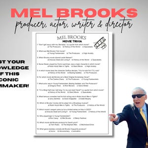 May include: A printable Mel Brooks movie trivia quiz with 14 questions. The quiz features a photo of Mel Brooks in a suit and tie, pointing to the right. The text "Mel Brooks, producer, actor, writer & director" is at the top of the page. The text "Test your knowledge of this iconic filmmaker!" is in a large font at the left side of the page.