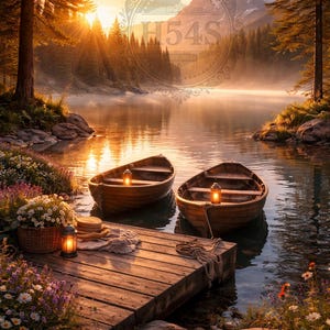 Può includere: Un paesaggio sereno con un lago e due barche di legno, ognuna con una lanterna. Un pontile di legno si estende nell'acqua, circondato da fiori e rocce. Lo sfondo mostra una foresta, montagne e un'alba. L'immagine ha un'atmosfera calda e accogliente.