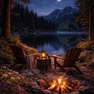 Könnte beinhalten: Eine ruhige Nachtszene an einem See mit zwei Holzstühlen, einer brennenden Laterne und einer Decke. Ein kleines Lagerfeuer brennt im Vordergrund, mit Bergen, Bäumen und einem Halbmond am Sternenhimmel.