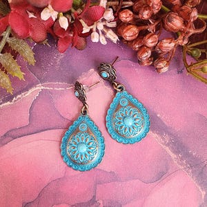 Teardrop Filigree Earrings: Blue Patina, Turquoise Rhinestone, Boho Jewelry