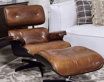 Leather Lounge Chair with Ottoman, Modern Recliner Chair, Brown Leather Accent Chair, Eames Style Armchair, Luxury Reading Chair