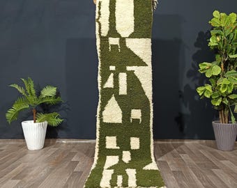 Green & White Moroccan Runner Rug, Handmade Wool Berber Hallway Carpet