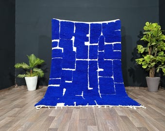 Blue Moroccan Rug – Handmade Berber Wool, Abstract Design