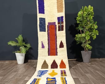 Handgefertigter Marokkanischer Teppichläufer, Beni Ourain Teppich, Weicher Wollläufer - Berber Teppich Läufer - Individueller Marokkanischer Teppichläufer.