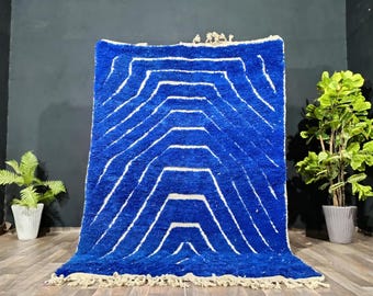 Royal moroccan rug, Handmade Blue Moroccan Wool Rug, Abstract Striped Beni Ourain Style.