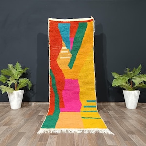 Handmade Wool Moroccan Runner: Colorful Abstract Berber Rug