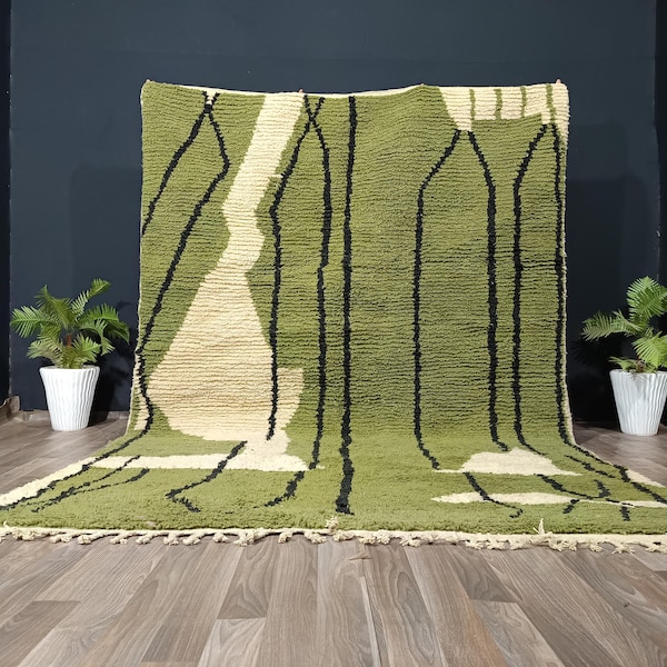 Beni Ourain Green Wool Rug, Handmade Moroccan Berber Tribal Area Carpet