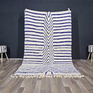Handmade Beni Ourain Rug: Moroccan Wool Rug with Blue Stripes