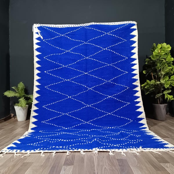 Kilim Bleu Rug, Kilim Rug ,Wool Moroccan Rug, Blue Rug, Off White Rug, Berber Rug, Handmade Rug, Area Rug, kilim modern Rug.