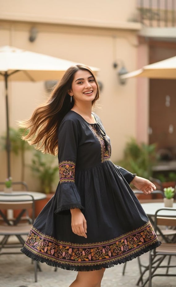 embroidered black dress Cotton Mini Dress: Indian Folk Art, Flared Sleeves SIZE:10 swatch_tag_reyes-ballet-flats-lt-natural-woven-raffia House Of CB Sabine Tulle Mini dresses The Halona