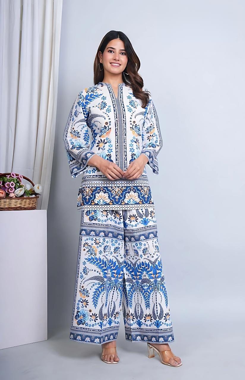 Boho Cotton Kurta Palazzo Set: Blue Floral Print Indian Loungewear