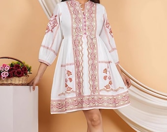 Organic Cotton Boho Tunic Dress: White Balloon Sleeve Mini Dress fall 2025 fashion | Rivaayath