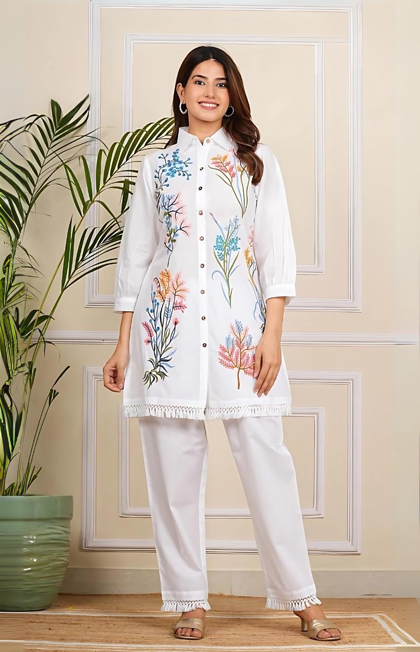 Boho White Cotton Kurta Set: Embroidered Fringe Hem Ethnic Co-ord Rivaayath