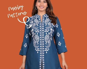Embroidered Navy Blue Kurta Set: Boho Indian Cotton Tunic & Pants | Rivaayath