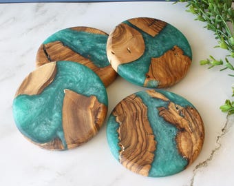 Olive Wood Resin Coaster Set: Handmade Epoxy Coasters, Set of 4