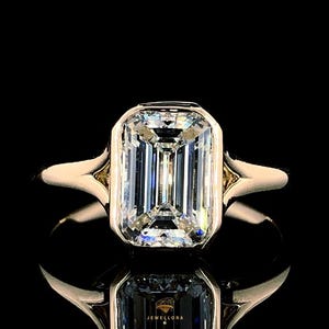 2.6CT Emerald Cut Lab Diamond Ring, Bezel Set, IGI Certified, 14K Yellow Gold, Classic Solitaire Engagement Ring, Unique Bridal Jewelry