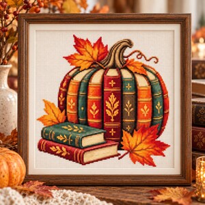 Book Pumpkin Cross Stitch Pattern, Autumn Library PDF