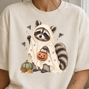 Halloween Raccoon PNG, Cute Ghost Costume and Pumpkin, Woodland Animal Shirt Design, Digital Download
