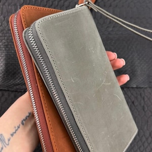 Cartera de mano de piel gris – 100 % piel natural (Crazy Horse)