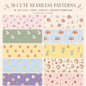 Può includere: Una collezione digitale intitolata 18 CUTE SEAMLESS PATTERNS con 18 file JPG da 3480 x 3480 px. L'immagine mostra 10 design distinti tra cui funghi, teiere, anatre, volpi, fragole, stivali da pioggia, pere, ricci, gatti e coccinelle.