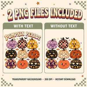 Può includere: Un set grafico digitale con due pannelli di nove zucche cartoon con varie espressioni e motivi, inclusi stelle e pipistrelli. Il testo PUMPKIN PARADE appare sopra il pannello sinistro. Il design include 2 PNG FILES INCLUDED.