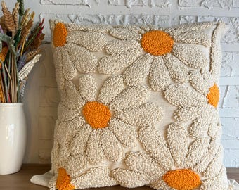 Handmade Daisy Pillow Cover: Punch Needle Floral Throw Pillow