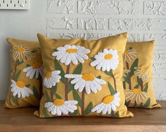 Daisy Pillow Cover: Handmade Punch Needle Floral Throw Pillow