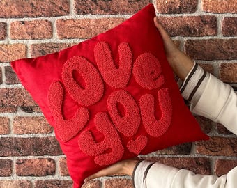 Handmade Punch Needle Pillow Cover: 'Love You' Linen Cotton Throw Pillow